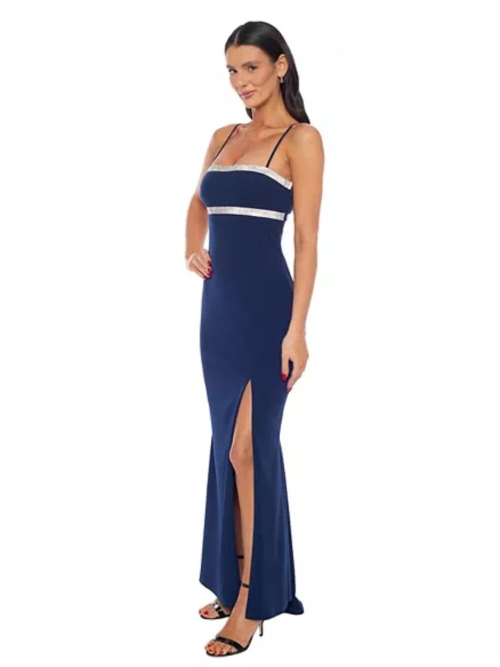 Juniors' Jump Apparel Embellished Trim Open Back Gown, Navy, Size: 13/14